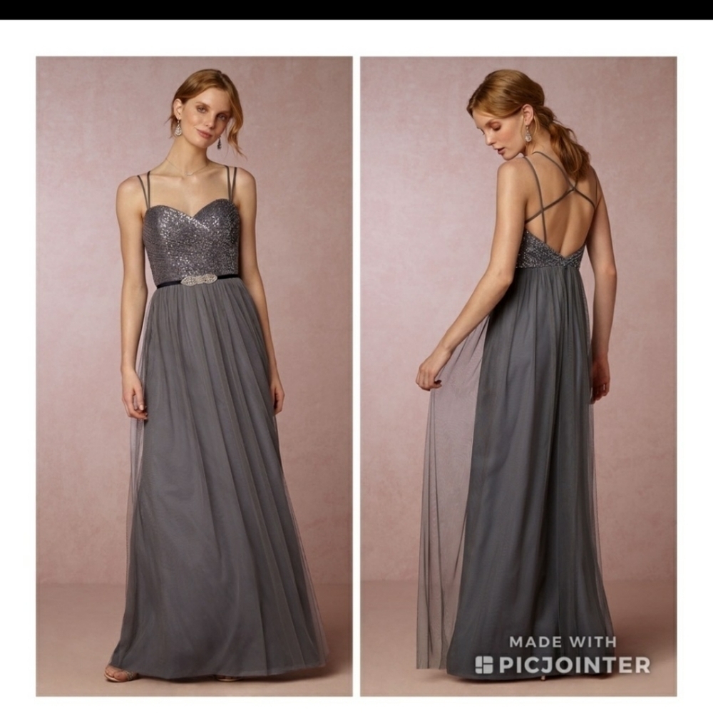 BHLDN Isadore Pewter Watters Bridesmaid Dress sz 10 holidays gray sequin maxi